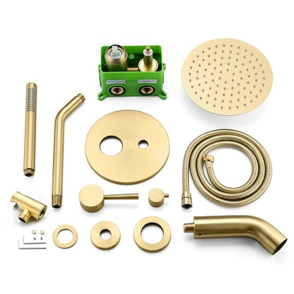 SUMERAIN Bathroom Brushed Gold Rain Shower System with Tub Spout | Tub and Shower Set, Brass Hand Shower, 8" Shower Head, Brass Rough in Valve, Concealed Box Design - color: Brushed Gold, size: 3 Function