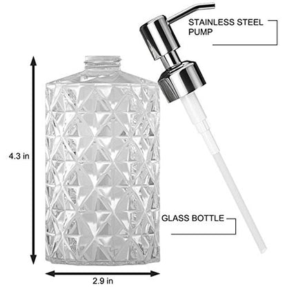 Soap Dispenser, 2 Pack, 12 Oz, Clear Diamond Design Glass | Refillable Hand Soap Dispensers, 304 Rust Proof Stainless Steel Pump, For Kitchen, For Bathroom, Lotion Dispensers