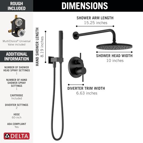 Delta Modern 14 Series Round Rain Shower System Faucet Set, Rainfall Matte Black Shower Head and Handle Set, Valve Trim Kit, 10 Inch, Matte Black 342702-BL - color: Matte Black
