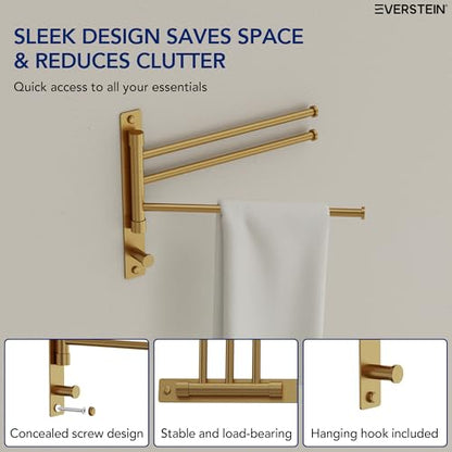 Swivel Towel Rack, Brushed Gold, 12.5 in, 3-Arm Towel Bar | 304 Stainless Steel, Space Saving, Wall Mounted, With Hook - color: Brushed Gold