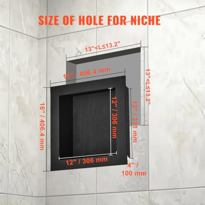 VEVOR Shower Niche,16-Inch Width x 16-Inch Height x 3.5-Inch Depth Single Shelf Organizer,Wall-Inserted Niche Recessed Sealed Protection Modern Soap Storage for Shower Bathroom,Black - size: 16x16''