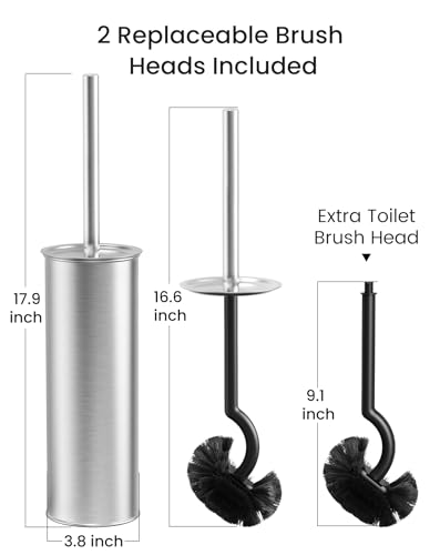 Cesun 304 Stainless Steel Toilet Brush & Holder Set, 2 Brush Heads, Silver | S-Shaped Deep Cleaning, Scratch-Free Nylon Bristles, Long Handle & Splash Guard, Replaceable Brush Head - color: Silver