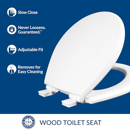 Mayfair Cassel Slow Close Toilet Seat, Easy Clean, Non Slip Premium Wood Seat, Easy Install, Made in USA, Round, White - size: Round, style: 1 - Toilet Seat