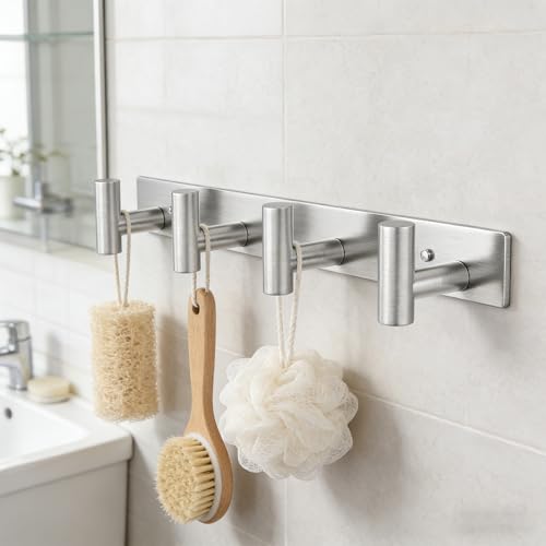 HUFEEOH T-Shaped Stainless Steel Coat Rack Wall Mount - 4 Heavy Duty Hooks for Bathroom, Mudroom Entryway, Durable Purse Hanger & Towel Rack - color: Silver, size: 1 Pack "T" shape 4 hooks