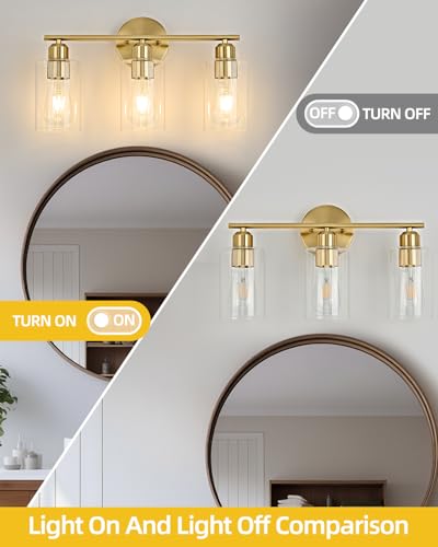 3Light Modern Vanity Lights - Gold, Clear Glass Shade, Wall Sconce for Bathroom & Bedroom, 2 Pack - color: Gold, size: 3 Light - 2 pack