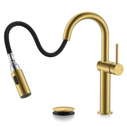 Brushed Gold 1 Handle Tall Vessel Sink Faucet with Pull Down Sprayer | Vessel Bowl Faucet with Pop Up Drain & Supply Lines, Lead-Free cUPC & NSF Certified, 1 Hole Faucet for Vanity RV Restroom - color: Brushed Gold, size: Tall