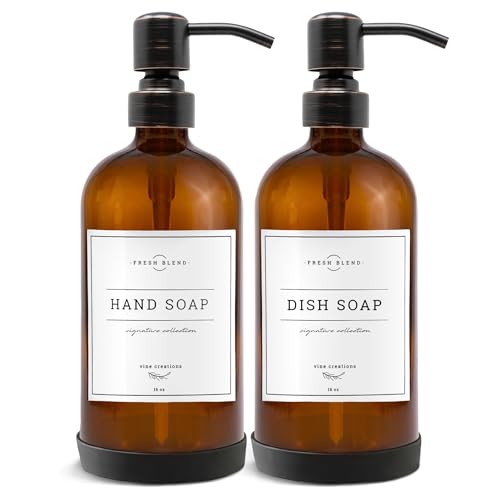 Vine Creations Amber Glass Soap Dispenser, 2 Pack Kitchen Soap Dispenser Set with Stainless Steel Pump, 16 oz Dish Soap and Hand Soap Dispensers for Bathroom with Waterproof Labels - color: Amber Bottle / Round Oil Rubbed Bronze Pump