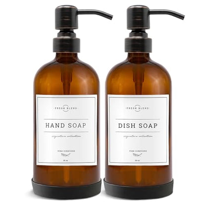Vine Creations Amber Glass Soap Dispenser, 2 Pack Kitchen Soap Dispenser Set with Stainless Steel Pump, 16 oz Dish Soap and Hand Soap Dispensers for Bathroom with Waterproof Labels - color: Amber Bottle / Round Oil Rubbed Bronze Pump