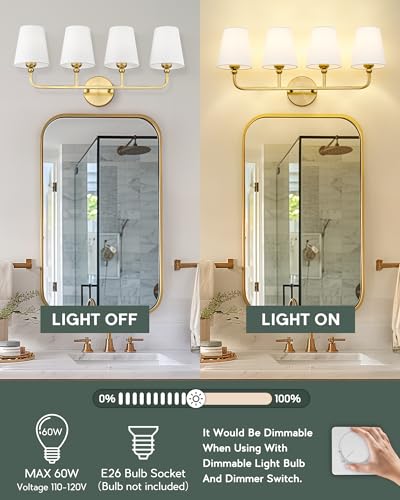 4-Light Brushed Gold Bathroom Vanity Light, White Fabric Shades | 28" bathroom light fixtures over mirror, upward only, E26 base, bulbs not included, VL837-BG-4 - color: Brushed Gold, size: 4-light