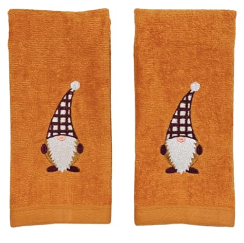 Serafina Home Fall Gnome Fingertip Towels for Bathroom: Embroidered Autumn Garden Plaid Elf Design on Plush Burnt Orange, 2 Piece Set, 12" x 18" Inch Each (Fall Gnome) - color: Multicolor