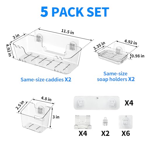 CGBE 5-Pack Adhesive Shower Caddy Set, No-Drill Bathroom Shelves | Rustproof Clear PET Wall Shelf with Open-Bottom Drainage, Hooks & Extra Adhesive Pads for Tile, Glass and Metal Surfaces