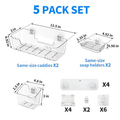 CGBE 5-Pack Adhesive Shower Caddy Set, No-Drill Bathroom Shelves | Rustproof Clear PET Wall Shelf with Open-Bottom Drainage, Hooks & Extra Adhesive Pads for Tile, Glass and Metal Surfaces