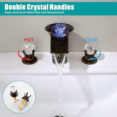 SKOWLL Oil Rubbed Bronze Waterfall Bathroom Faucet 3 Hole, Free Floating Crystal Ball with LED Light, Two Handle 8 Inch Widespread Faucet for Bathroom Sink - color: Oil Rubbed Bronze