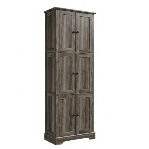ChooChoo 63.2" Tall Bathroom Storage Cabinet with 6 Doors | Freestanding Floor Cabinet, Adjustable Shelves, Pantry Cabinet for Bathroom, Kitchen, Laundry Room, Rustic Weathered Gray - color: Weathered Gray, size: 6-Door