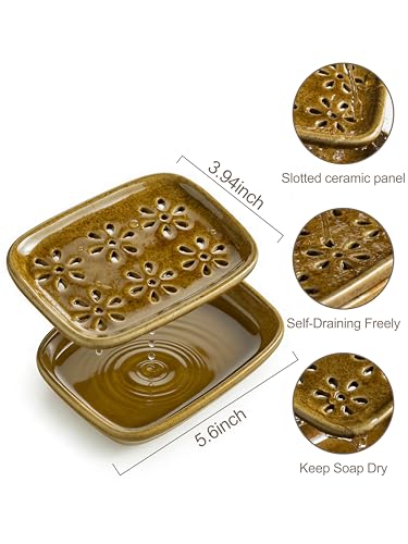 Miamolo 2 Layer Soap Dishes for Shower with Drainage, Keep Soap Bars Dry | Ceramic Bar Soap Holder Saver, Self Draining Top, Removable Drip Tray Non-Slip, Bathroom Kitchen Sink Dishwasher Safe, Yellow - color: Yellow