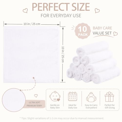 Baby Washcloths 10 Pack Rayon from Bamboo Ultra Soft Absorbent Terry Wash Cloth 10" x 10" Bath Towels for Face Burp Wipes Reusable Lightweight Newborn Essentials Shower Gift Set - color: White