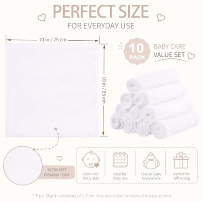 Baby Washcloths 10 Pack Rayon from Bamboo Ultra Soft Absorbent Terry Wash Cloth 10" x 10" Bath Towels for Face Burp Wipes Reusable Lightweight Newborn Essentials Shower Gift Set - color: White