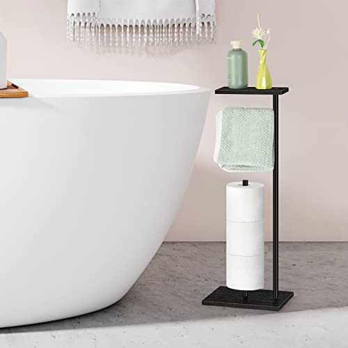 Black Toilet Paper Holder Stand FreeStanding Toilet Paper Storage Holder with Shelf Bathroom Floor Toilet Paper Roll Holder Stand Up Tissue Toilet Paper Dispenser Holds 4 Reserve Rolls - color: Black