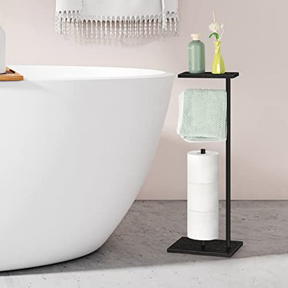 Black Toilet Paper Holder Stand FreeStanding Toilet Paper Storage Holder with Shelf Bathroom Floor Toilet Paper Roll Holder Stand Up Tissue Toilet Paper Dispenser Holds 4 Reserve Rolls - color: Black