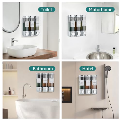 Shower Soap Dispenser 3-Chamber Wall Mount Shampoo Dispenser,Silver | Latch design No Drill Shampoo and Conditioner Dispenser for Bathroom Hotel, Durable ABS Material Large Capacity - color: 3silver