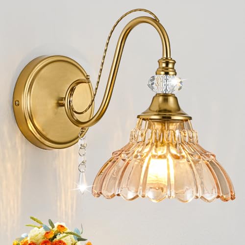 1 Piece Vintage Wall Sconce, 1-Light Brushed Gold Finish Wall Sconce with Hanging Crystal Accents and Flower-Shaped Amber Shades for Bathroom Bedroom Living Room,Vintage Vanity Light - color: Gold and Amber, size: 1-Light