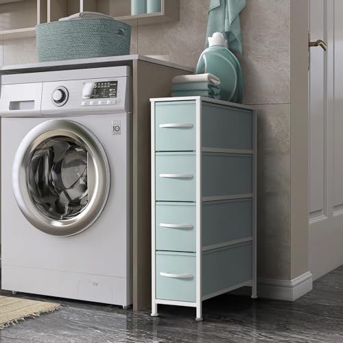 Sorbus Kids Narrow Dresser with 4 Drawers - Vertical Slim Storage Chest of Drawers with Steel Frame, Wood Top & Easy Pull Fabric Bins for Small Spaces, Closets, Bedroom, Bathroom & Laundry - color: Pastel Aqua, style: 4 Drawer