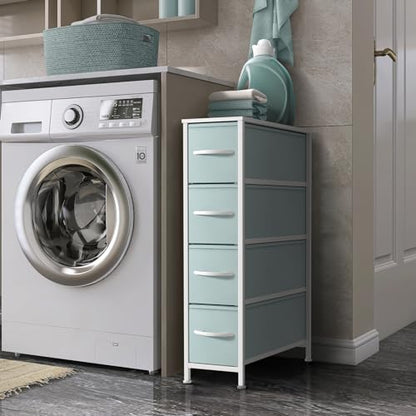 Sorbus Kids Narrow Dresser with 4 Drawers - Vertical Slim Storage Chest of Drawers with Steel Frame, Wood Top & Easy Pull Fabric Bins for Small Spaces, Closets, Bedroom, Bathroom & Laundry - color: Pastel Aqua, style: 4 Drawer