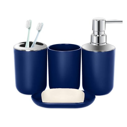 Blue Bathroom Accessories Set 4 PCS, Blue Bathroom Accessories | Plastic Soap Dispenser and Toothbrush Holder Set, Soap Dish and Mouthwash Cup, Boho Bathroom Decor, Bathroom Set - size: 4Pcs Blue