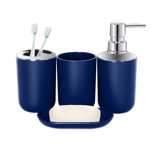 Blue Bathroom Accessories Set 4 PCS, Blue Bathroom Accessories | Plastic Soap Dispenser and Toothbrush Holder Set, Soap Dish and Mouthwash Cup, Boho Bathroom Decor, Bathroom Set - size: 4Pcs Blue