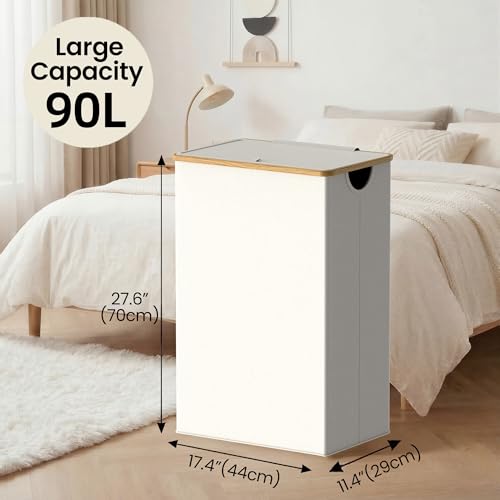 efluky Slim Laundry Basket with Lid, Narrow Laundry Hamper with Removable Bag, Skinny Dirty Clothes Basket with Bamboo Handles for Bathroom, Bedroom & Laundry Room, 90L Beige - color: Beige, size: 90L