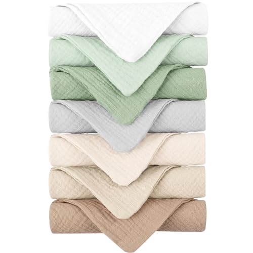 Konssy 7 Pack Muslin Baby Washcloths, Burp Cloths & Wash Cloths for Babies | 11 x 11 In, 100% Cotton, Ultra-Soft & Absorbent, Machine Washable, Baby Bath Towels for Newborns, Girls & Boys (Green) - color: Green
