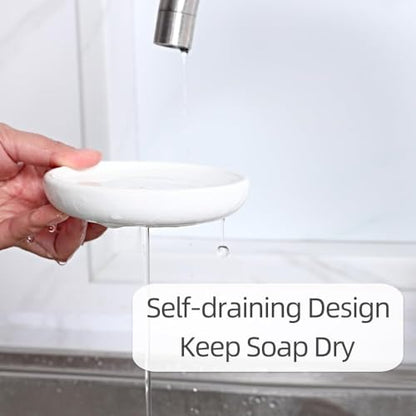 Round Self Draining Soap Dish, Small Ceramic Tray, Cute Jewelry Dish, Keep Soap Dry & Bathroom Décor (White) - color: White
