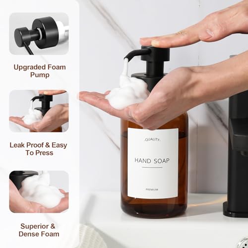 Amber Foam Soap Dispenser, 14.1 oz/400ml Foaming Hand Soap Dispenser, 2 Pack Glass Foaming Dispenser for Bathroom & Kitchen, Refillable Liquid Dispenser Bottle with Waterproof Labels - color: Amber Bottle+black Pump