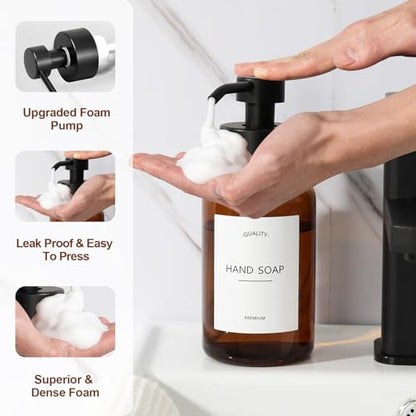 Amber Foam Soap Dispenser, 14.1 oz/400ml Foaming Hand Soap Dispenser, 2 Pack Glass Foaming Dispenser for Bathroom & Kitchen, Refillable Liquid Dispenser Bottle with Waterproof Labels - color: Amber Bottle+black Pump