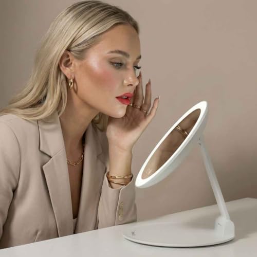 Fancii 10x Travel Magnifying Makeup Mirror with Lights, Rechargeable, Height Adjustable 8" Stand, 3 Dimmable Color Modes, Portable LED Vanity Mirror (Abigail)