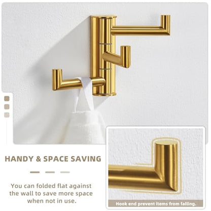 Suyar Brushed Gold Towel Hook, Bathroom Coat Robe Holder with 3 Swivel Arms | SUS304 Stainless Steel, Wall Mounted - color: Brushed Gold, size: 1 Pack