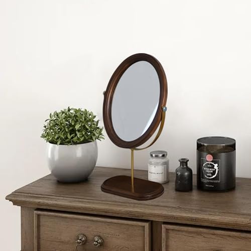 Tstarer Desk Makeup Mirror with Solid Wood,Elliptical Vanity Table Mirror for Living Room Bedroom (7.5 W x 13.5 H) (Rustic Brown)