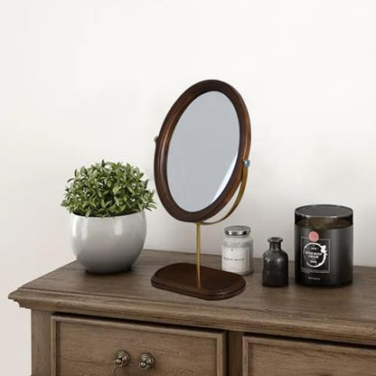 Tstarer Desk Makeup Mirror with Solid Wood,Elliptical Vanity Table Mirror for Living Room Bedroom (7.5 W x 13.5 H) (Rustic Brown)