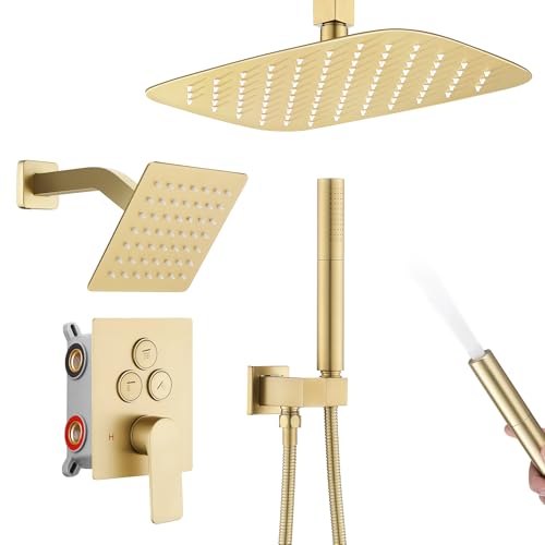 12 Inch Rain Shower System, Brushed Gold Shower Faucet Set with Push Button Diverter, 6 Inch Wall Mounted 3-Functions Bathroom Shower Systems with Dual-Function Handheld - style: UFO