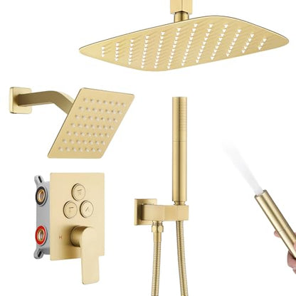 12 Inch Rain Shower System, Brushed Gold Shower Faucet Set with Push Button Diverter, 6 Inch Wall Mounted 3-Functions Bathroom Shower Systems with Dual-Function Handheld - style: UFO