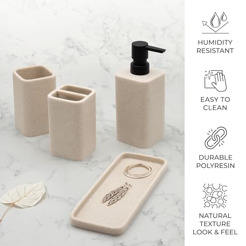 Bathroom Accessory Sets, 4 Pieces Bathroom Accessories Complete Set Vanity Countertop Accessory Set Marble Look, Includes Lotion Dispenser Soap Pump, Tumbler, Toothbrush Holder and Tray (Beige) - color: Beige