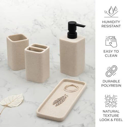Bathroom Accessory Sets, 4 Pieces Bathroom Accessories Complete Set Vanity Countertop Accessory Set Marble Look, Includes Lotion Dispenser Soap Pump, Tumbler, Toothbrush Holder and Tray (Beige) - color: Beige