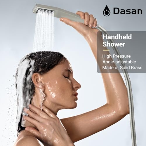 DASAN Full Body Shower System with 6 PCS Body Spray Jets & 12'' Rain Shower Head & Handheld, Ceiling Mount Rain Shower System Brushed Nickel Shower Faucets Sets Complete with Valve, SA-SS03ABN-S12C - color: Brushed Nickel