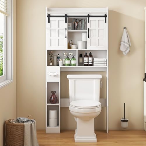 Halitaa Over The Toilet Storage Cabinet with Sliding Doors,White | Farmhouse Storage Cabinet Over Toilet, Home Space-Saving Toilet Rack, for Restroom, Bathroom, Laundry. - color: White, style: Sliding Doors