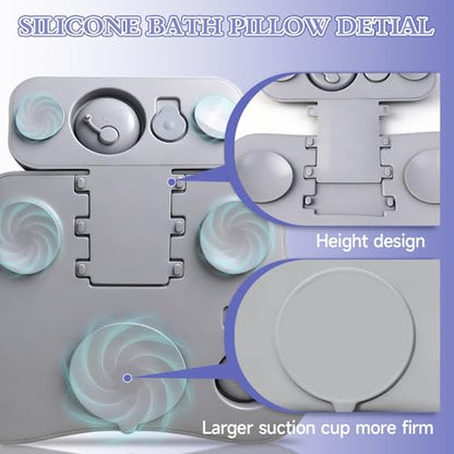 Silicone Bath Pillow, Upgraded Bath Pillows for Tub, Adjustable Height Bathtub Pillow for Head and Neck, 4D Luxury Tub Pillow Skin-Friendly Large Suction Cups Stability, Spa Relaxation-Grey