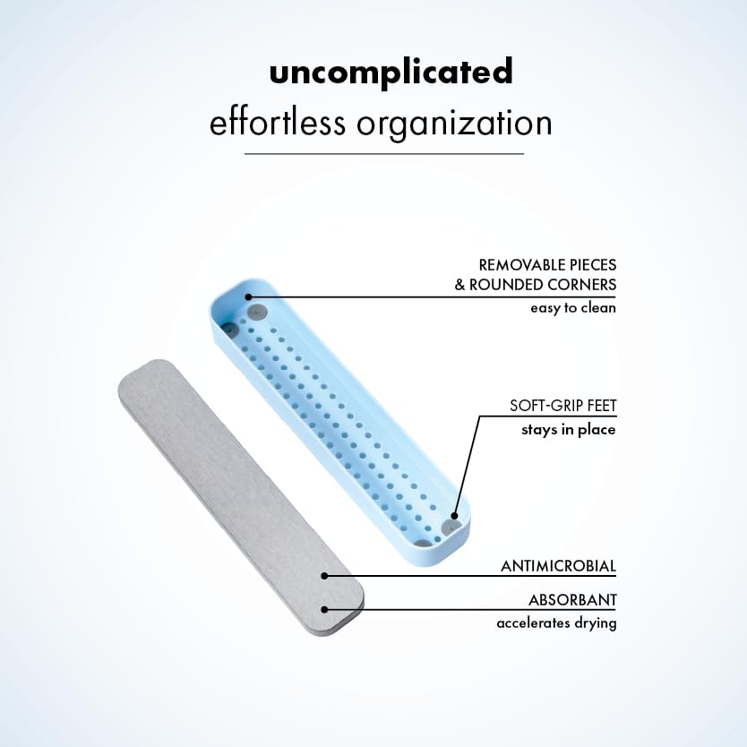madesmart Drying Stone Toothbrush Tray, Blue | diatomite, fast drying surface, non slip feet, toothpaste floss, dental items, bathroom counter, woman owned - color: Blue
