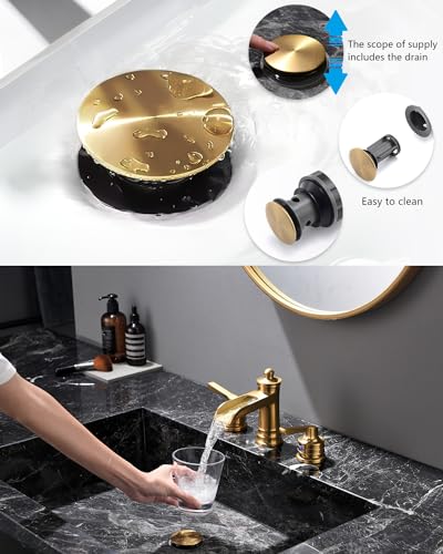 Fapully Brushed Gold Bathroom Sink Faucet, Waterfall Bathroom Faucets 3 Hole, 8 Inch Widespread Bathroom Faucet with Pop-up Drain, 2-Handle Faucet for Bathroom Sink Vanity RV - color: Brushed Gold