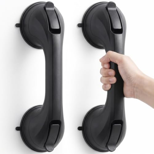 2 Pack Shower Grab Bar for Shower and Bathtubs, No Drilling, Black | Suction Shower Handle for Elderly, Suction Cup Removable Handrails Safety Grip, Heavy Duty, 12 inch - color: Black