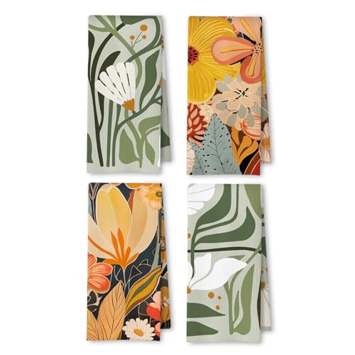 Abstract Boho Floral Kitchen Towels, Colorful Modern Abstract Flower Dish Tea Towel for Kitchen Decor, Boho Floral Botanical Hand Towels for Bathroom Decor, 16x24 Inches Set of 4 - color: 4pcs Boho Sage Green and Colorful