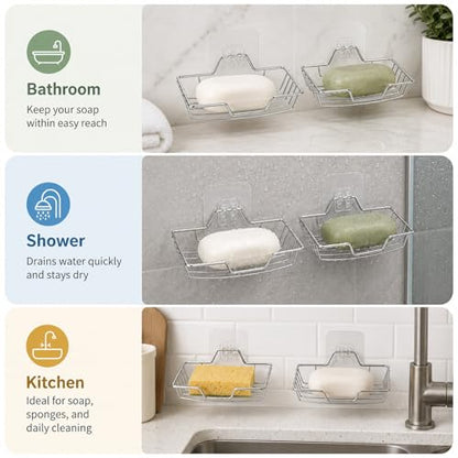 2 Pack Soap Holder for Shower Wall, Stainless Steel Wall Mounted Soap Dish with Draining Tray, No Drilling Adhesive Bar SoapSponge Holder for Bathroom and Kitchen, Silver